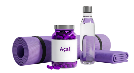 Acai supplement with yoga mat isolated on transparent background