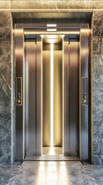 Two metal elevators sit inside a modern building