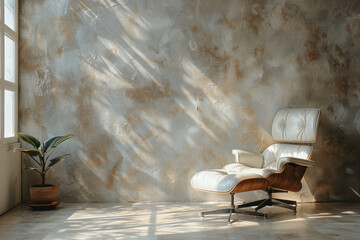 Bright sunlight casts shadows in a minimal workspace with a sleek, modern chair and a small plant near a textured wall. The design emphasizes simplicity and elegance