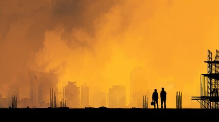 City skyline silhouette construction site people dramatic sky industrial view