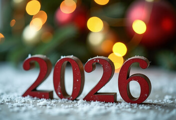 2026 Red wooden numbers of the New Year, decoration background with blur lights