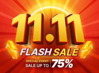 3d 11.11 flash sale banner template with November 11, thunder bolt icon, isolated on red background with light effect. Vector illustration