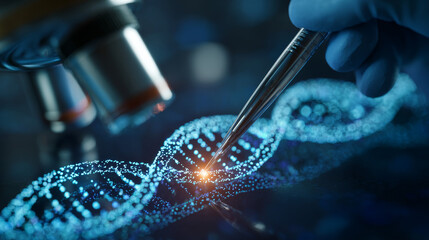 A futuristic biotechnology lab with scientists using DNA sequencing and molecular machines.