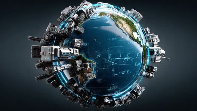 Global Network: Futuristic representation of planet earth encircled by a web of interconnected technology, symbolizing globalization and advanced technological advancements.