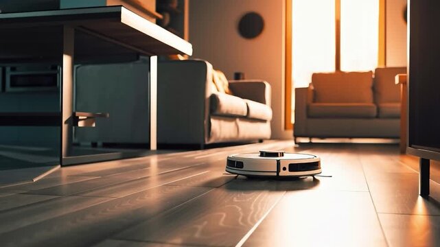 Home Automation Marvel: A robotic vacuum cleaner navigates a sun-drenched living room, seamlessly gliding across the wooden floor, embodying the ease of modern home automation.