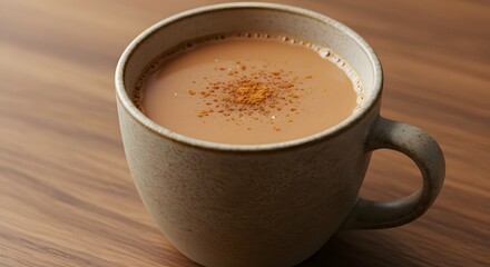 Fototapeta premium Close-up of a mug of chai tea with cinnamon powder sprinkled on top, on a wooden surface