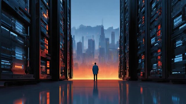 Tech Visionary: A lone figure stands, dwarfed by towering servers, gazing towards a futuristic cityscape, a symbol of innovation and the digital age. 