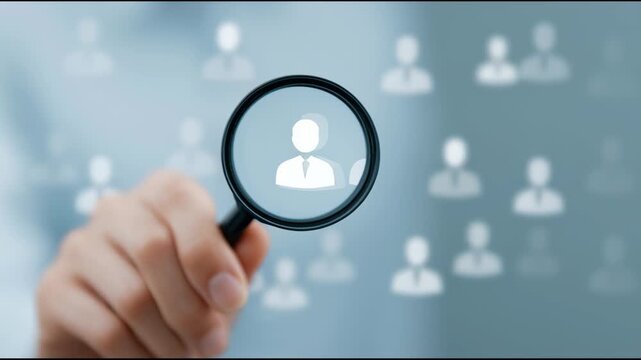 A person is holding a magnifying glass over a picture of a man and several other people. Concept of looking closely at a group of people, possibly to examine their relationships or interactions