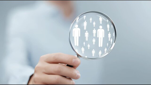 A person holding a magnifying glass with a group of people in the center. The people are all different sizes and are all looking at the same thing