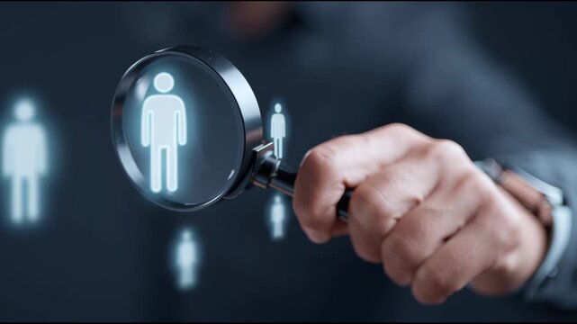 A person is holding a magnifying glass over a group of people. The people are all wearing the same outfit and are all looking at the camera. Concept of unity and togetherness among the group