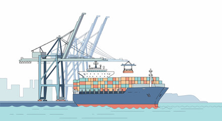 Cargo Container Vessel Loading At Harbor Port Minimal Illustration