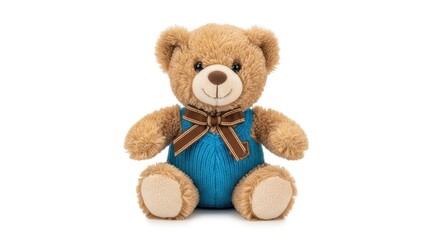 Fototapeta premium Cute Teddy Bear with Blue Overalls Isolated on White Background