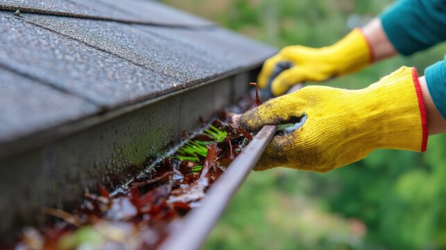Gloved hand gutter roof leaves debris cleaning worker yellow glove rainwater maintenance