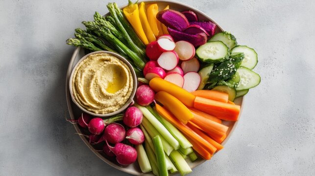 Colorful hummus platter with sliced cucumber, radish, carrot, celery, asparagus and bell pepper arranged around bowl of creamy dip, fresh vegetable snack for healthy party or appetizer