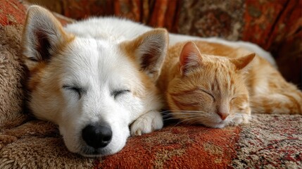 Cute ginger cat and white dog are sleeping together on brown patterned sofa. Show true friendship, companionship, and pets comfortable in a cozy home.