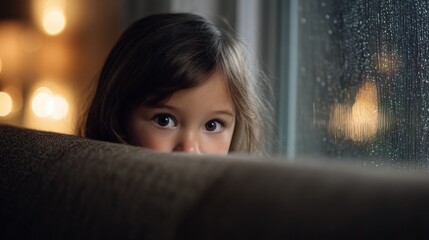 Curious child hiding behind couch near rainy window, warm indoor light softly glowing, intimate cozy mood, anxious expression