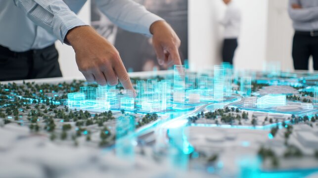 Futuristic smart city model holographic city urban planning architectural model miniature trees business meeting technology presentation cityscape digital visualization