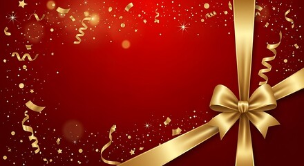 A luxurious red background adorned with shimmering gold confetti, streamers, and a beautifully tied golden ribbon bow, evoking a festive and celebratory atmosphere.