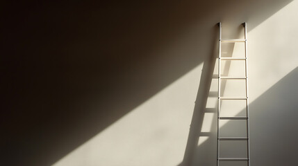 A minimalist composition featuring a ladder leaning against a wall, bathed in stark contrasts of light and shadow. The simple arrangement emphasizes form and texture, evoking a sense of ascension.