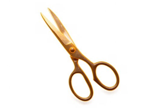 Golden vintage tailor scissors, open blunt blades ready for cutting craft fabric and sewing projects, transparent background