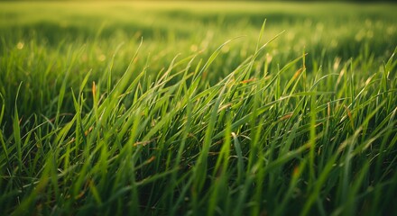 Fototapeta premium Close-up of Lush Green Grass Blades with Soft Bokeh Background and Golden Sunlight