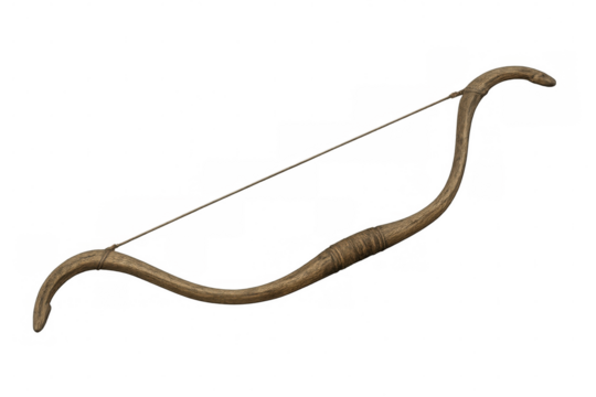 Wooden bow featuring a simple design with a wrapped grip and a taut string, ideal for historical or fantasy themes