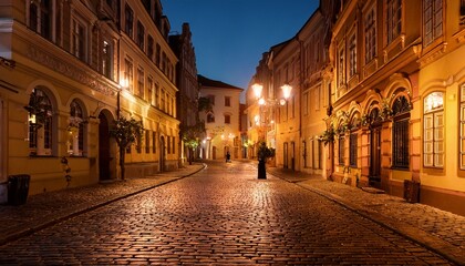 Obraz premium old city streets illuminated by warm streetlights create a serene atmosphere on a quiet night inviting exploration and discovery of historical charm and architectural beauty