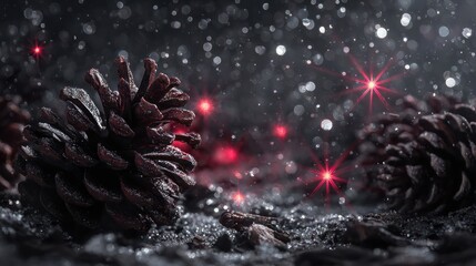 Close up of pine cones against a dark backdrop with red starbursts