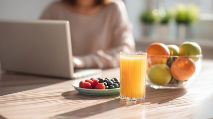 Glass of orange juice on kitchen table with fresh fruit bowl and laptop in soft morning sunlight creating calm productive breakfast scene