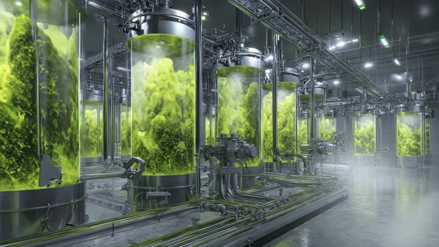 High-tech algae bioreactor array in emerald tones for sustainable use