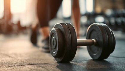 Woman In Gym With A Close-Up Dumbbell On The Floor, Focusing On Weightlifting And Bodybuilding Goals. Object Symbolizes Strength And Fitness.