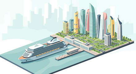 Modern Cityscape With Cruise Ship At Port In Isometric View