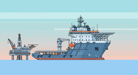 Offshore Oil Rig And Supply Vessel Illustration In Minimalist Style