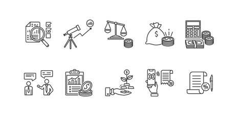  Accounting web icon set line symbol illustration concept for business and finance with audit, analysis, balance, budget, calculation, tax, payment, investment, profit, and advice icons
