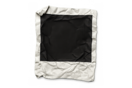 Crumpled instant print film frame with blank dark area for content. Representing nostalgia, retro memories, and design elements