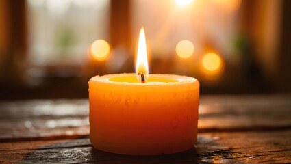 Burning candle on wooden surface with bokeh background creating a warm and cozy atmosphere indoors
