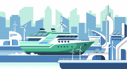 Sustainable Future City With Modern Yacht And Renewable Energy