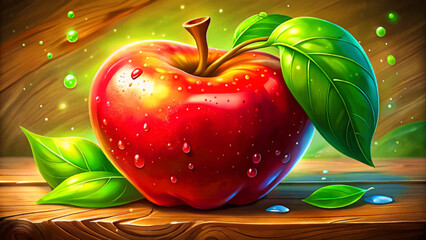 Very beautiful fresh red apple with sparkling water droplets and vibrant green leaves resting on a rustic wooden surface, capturing natural freshness, simplicity, and organic charm in a warm compositi