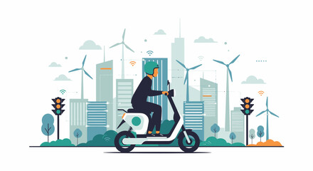 Sustainable Transportation Riding Electric Scooter In Urban Landscape