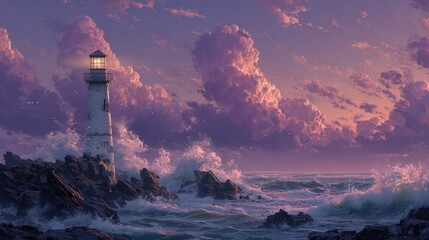 Coastal lighthouse illuminated against dramatic sunset sky and stormy sea