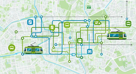 Urban Transit Network With Tram Illustration on a Map Background