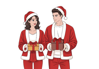 Couple in Santa Outfits Holding Gifts, Ready for Christmas Celebrations and Holiday Joy