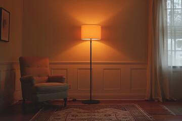 Soft light from a floor lamp illuminates a comfortable chair in a quiet nook. The serene atmosphere invites relaxation and reading. Natural light softly filters through the window