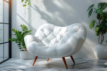 A bright Scandinavian living room showcases a single white armchair with tufted detailing, surrounded by lush green plants and natural light from large windows, creating a peaceful setting