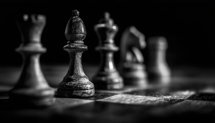 Fototapeta premium Chess Pieces Aligned In A Row On A Black And White Board. Game Of Chess Being Played On A Classic Black And White Surface.