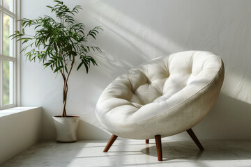 A single white armchair with a soft fabric and round shape sits in a Scandinavian living room. Sunlight streams in through the large window, illuminating the space and a nearby green plant