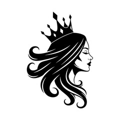 Elegant Black and White Silhouette of a Queen with a Majestic Crown and Flowing Hair, Symbolizing Royalty and Beauty