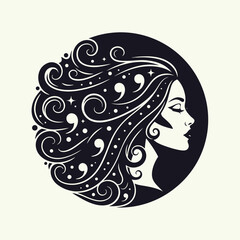 Beautiful Woman with Flowing Hair and Stars in a Circle, Vector Illustration