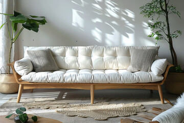 This Scandinavian living room showcases a comfortable white sofa bathed in natural light. The space is accented with greenery, creating a serene and inviting environment