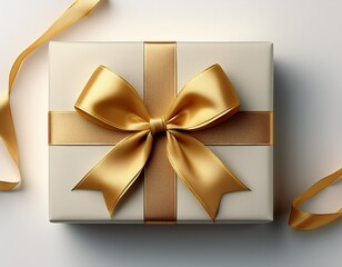 top down view isolated gift box with gold ribbon on white background generative ai